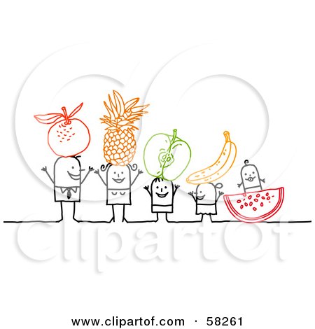 Royalty-Free (RF) Clipart Illustration of a Stick People Character Family With Fruit On Their Heads by NL shop
