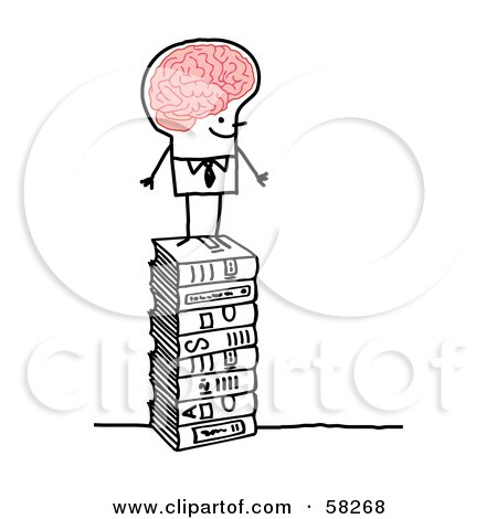 Royalty-Free (RF) Clipart Illustration of a Stick People Character Man With A Big Brain, Standing On Books by NL shop