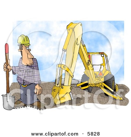 Construction Worker Standing Beside an Excavator with a Shovel Clipart Illustration by djart