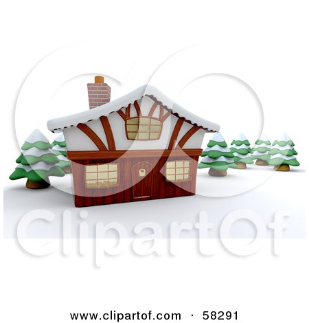 Royalty-Free (RF) Clipart Illustration of a 3d Winter Lodge Surrounded By Flocked Evergreens by KJ Pargeter