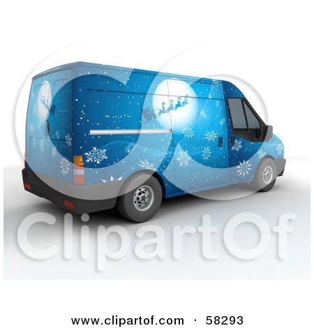 Royalty-Free (RF) Clipart Illustration of Santas Blue 3d Delivery Van With A Sleigh In Front Of The Moon Paint Job by KJ Pargeter