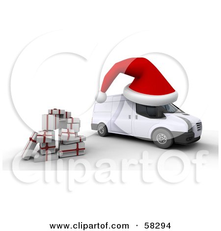 Royalty-Free (RF) Clipart Illustration of a Stack Of Presents By A 3d Christmas Delivery Van With A Giant Santa Hat by KJ Pargeter