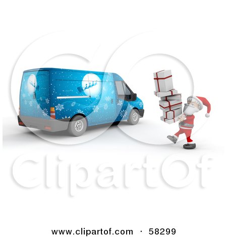 Royalty-Free (RF) Clipart Illustration of a 3d Santa Carrying Gifts Toward A Blue Christmas Van by KJ Pargeter