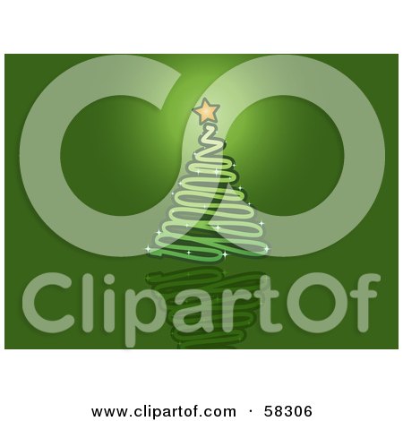 Royalty-Free (RF) Clipart Illustration of a Green Scribble Christmas Tree With A Shining Star On A Green Reflective Background by KJ Pargeter