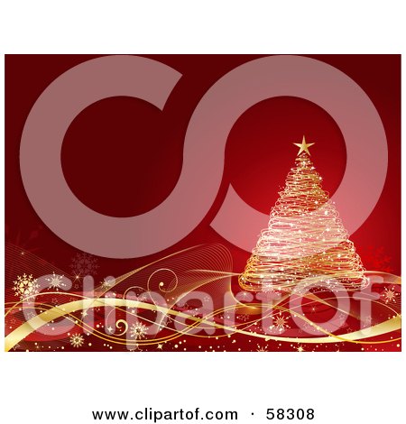 Royalty-Free (RF) Clipart Illustration of a Magical Gold Christmas Tree On Swooshes Over A Red Background by KJ Pargeter