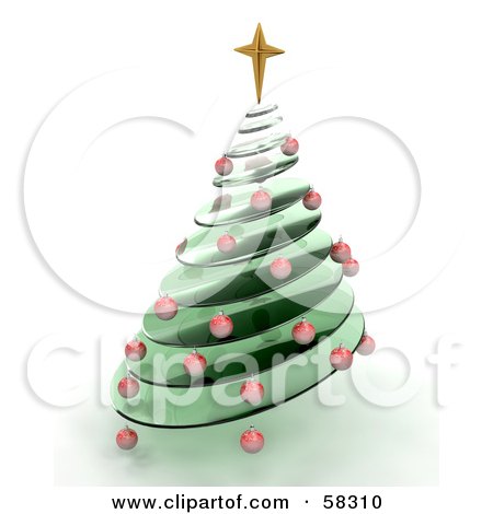 Royalty-Free (RF) Clipart Illustration of a 3d Green Glass Spiraled Christmas Tree With Red Ornaments And A Gold Star. by KJ Pargeter