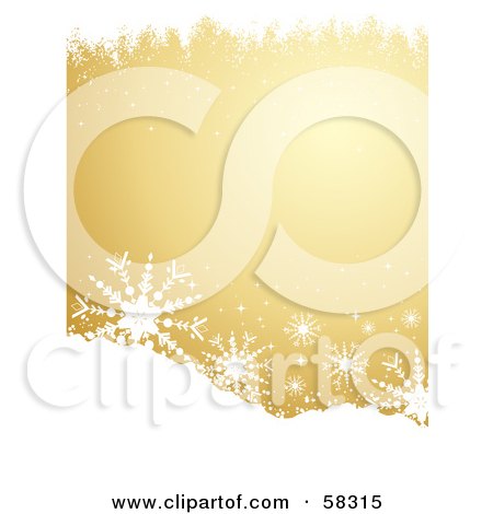 Royalty-Free (RF) Clipart Illustration of a Golden Background With White Snowflakes And Grunge On The Top And Bottom by KJ Pargeter