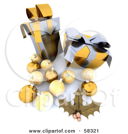 Royalty-Free (RF) Clipart Illustration of Two Tall 3d Silver And Gold Christmas Gifts With Holly And Ornaments by KJ Pargeter