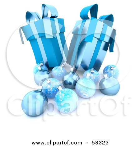 Royalty-Free (RF) Clipart Illustration of Two Tall 3d Blue Christmas Gifts With Ornaments by KJ Pargeter