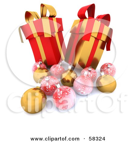 Royalty-Free (RF) Clipart Illustration of Two Tall 3d Red And Gold Christmas Gifts With Ornaments by KJ Pargeter