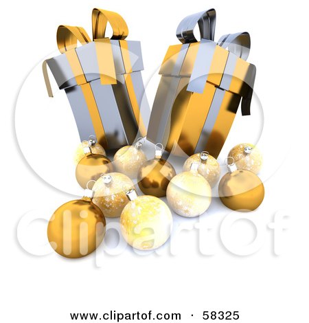 Royalty-Free (RF) Clipart Illustration of Two Tall 3d Silver And Gold Christmas Gifts With Ornaments by KJ Pargeter