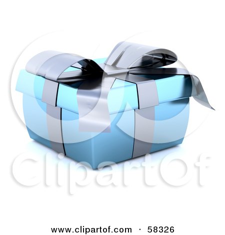 Royalty-Free (RF) Clipart Illustration of a Squished 3d Blue Christmas Gift Box Adorned With A Silver Ribbon And Bow by KJ Pargeter