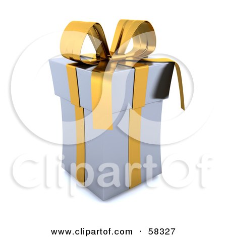 Royalty-Free (RF) Clipart Illustration of a Tall 3d Silver Christmas Gift Box Adorned With A Gold Ribbon And Bow by KJ Pargeter