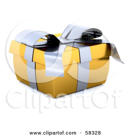 Royalty-Free (RF) Clipart Illustration of a Squished 3d Golden Christmas Gift Box Adorned With A Silver Ribbon And Bow by KJ Pargeter