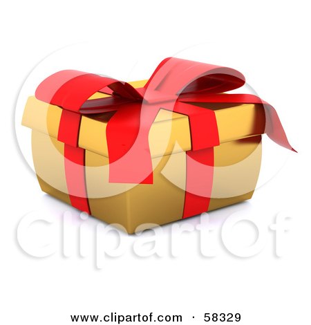 Royalty-Free (RF) Clipart Illustration of a Squished 3d Golden Christmas Gift Box Adorned With A Red Ribbon And Bow by KJ Pargeter
