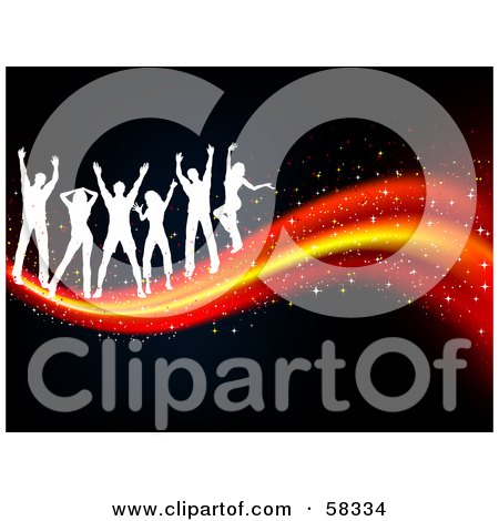 Royalty-Free (RF) Clipart Illustration of a Group Of Silhouetted White Dancers Celebrating On A Magical Wave Over Black by KJ Pargeter