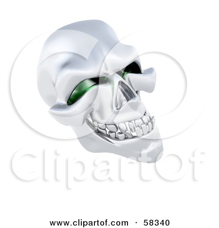 Royalty-Free (RF) Clipart Illustration of a 3d Silver Human Skeleton Head With Squinty Green Eye Sockets by KJ Pargeter
