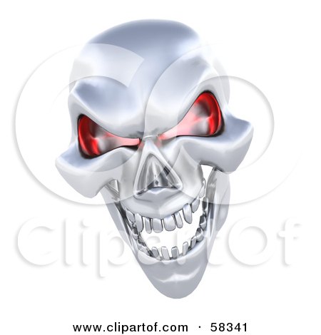 Royalty-Free (RF) Clipart Illustration of a 3d Silver Human Skeleton Head With Glowing Red Eye Sockets by KJ Pargeter