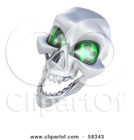 Royalty-Free (RF) Clipart Illustration of a 3d Silver Human Skeleton Head With Glowing Green Eye Sockets by KJ Pargeter