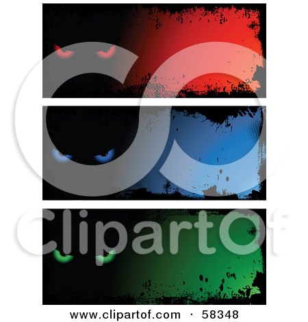 Royalty-Free (RF) Clipart Illustration of a Digital Collage Of Three Red, Blue And Green Evil Eye Grunge Banners by KJ Pargeter
