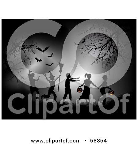 Royalty-Free (RF) Clipart Illustration of a Group Of Silhouetted Trick Or Treaters In Halloween Costumes, Walking Under Bats Between Bare Trees At Night by KJ Pargeter