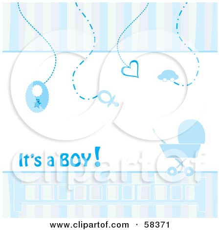 Royalty-Free (RF) Clipart Illustration of Vertical Blue Stripe Borders With Baby Items And A Carriage Announcing That Its A Boy by MilsiArt