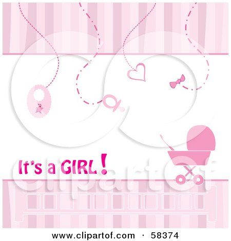Royalty-Free (RF) Clipart Illustration of Vertical Pink Stripe Borders With Baby Items And A Carriage Announcing That Its A Girl by MilsiArt