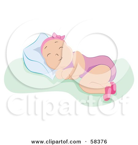 Royalty-Free (RF) Clipart Illustration of a Newborn Baby Girl Sound Asleep And Resting Against A Pillow by MilsiArt