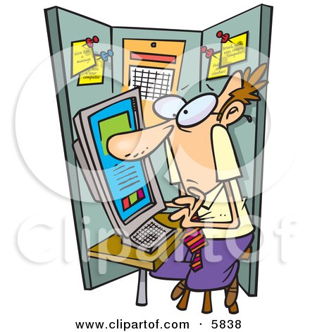 Man Using a Computer in a Cramped Cubicle Clipart Illustration by toonaday