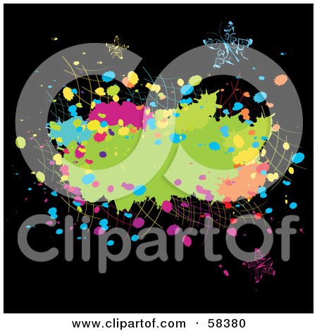 Royalty-Free (RF) Clipart Illustration of a Grungy Colorful Splatter With Elegant Butterflies On Black by MilsiArt