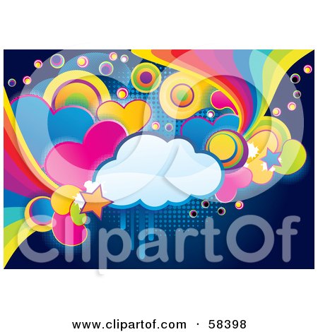 Royalty-Free (RF) Clipart Illustration of a Funky, Colorful Cloud, Circle, Heart And Rainbow Grunge Background by MilsiArt