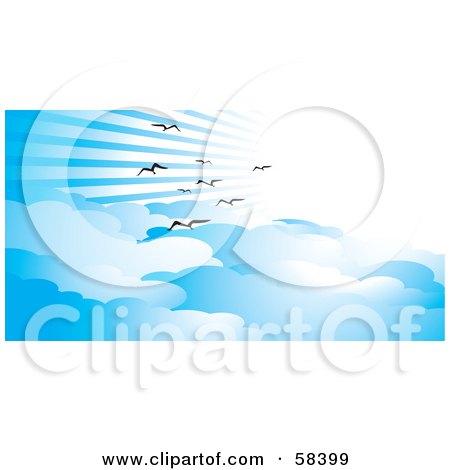 Royalty-Free (RF) Clipart Illustration of Gulls Flying Through Rays Of Light In A Blue Sky With Clouds by MilsiArt