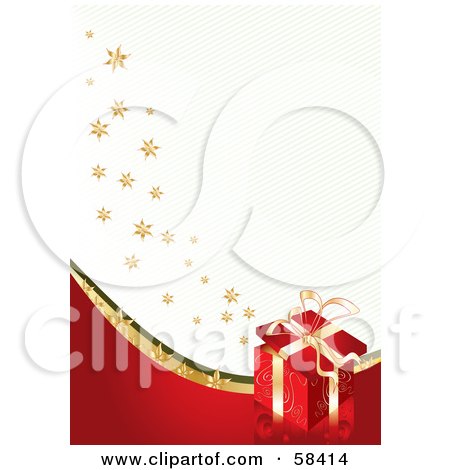Royalty-Free (RF) Clipart Illustration of a Diagonal Striped Background Bordered With Gold Flowers And A Red Present by MilsiArt