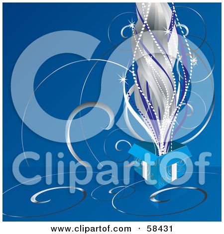 Royalty-Free (RF) Clipart Illustration of Silver And Blue Sparks Shooting Out Of An Open Blue Christmas Present by MilsiArt