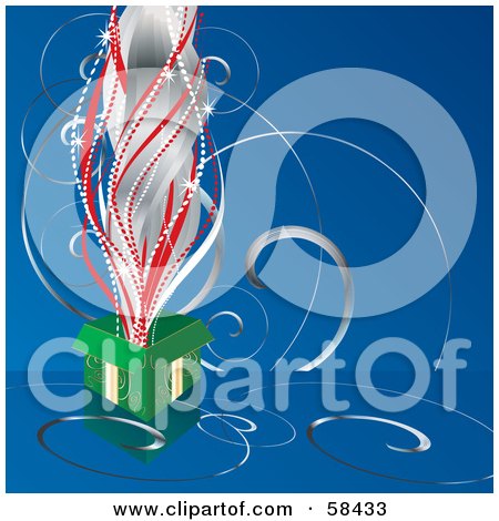 Royalty-Free (RF) Clipart Illustration of Silver And Red Sparks Shooting Out Of An Open Green Christmas Present by MilsiArt