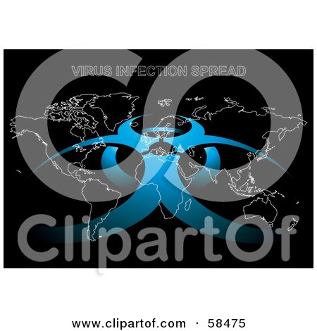 Royalty-Free (RF) Clipart Illustration of a Blue Biohazard Symbol Over A White Map Outline On Black by MilsiArt