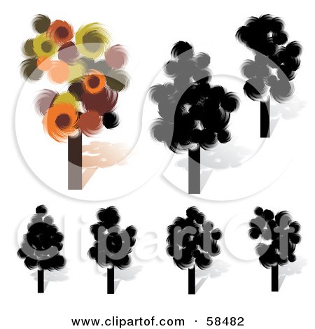 Royalty-Free (RF) Clipart Illustration of a Digital Collage Of Black And Colorful Trees With Circular Paint Stroke Foliage by MilsiArt