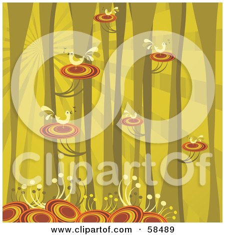 Royalty-Free (RF) Clipart Illustration of a Background Of Singing Birds Perched On Branches In A Green Forest by MilsiArt