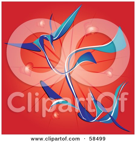 Royalty-Free (RF) Clipart Illustration of Abstract Blue Birds In Love, Flying Over A Bursting Red Heart Background by MilsiArt