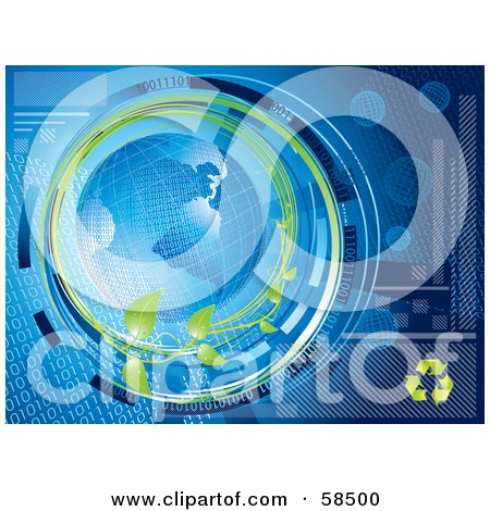 Royalty-Free (RF) Clipart Illustration of a Blue Binary Globe Circled By Organic Vines And Binary Code - Version 1 by MilsiArt