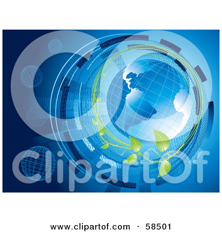 Royalty-Free (RF) Clipart Illustration of a Blue Binary Globe Circled By Organic Vines And Binary Code - Version 2 by MilsiArt