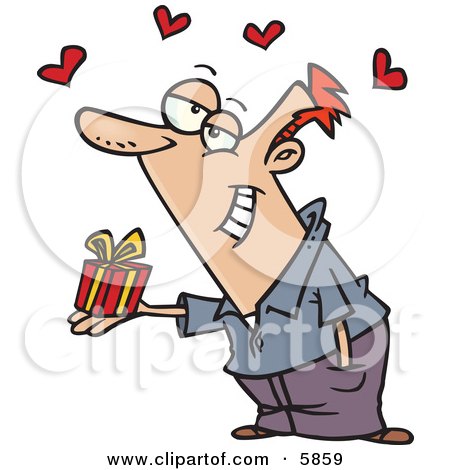 Caucasian Man Holding a Valentine's Day Gift, Hearts Above His Head Clipart Illustration by toonaday