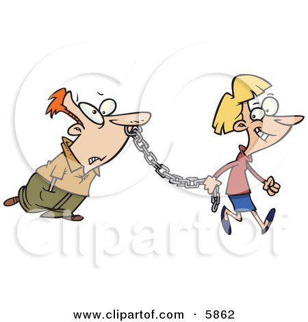 Woman Leading a Man on a Metal Chain Clipart Illustration by toonaday