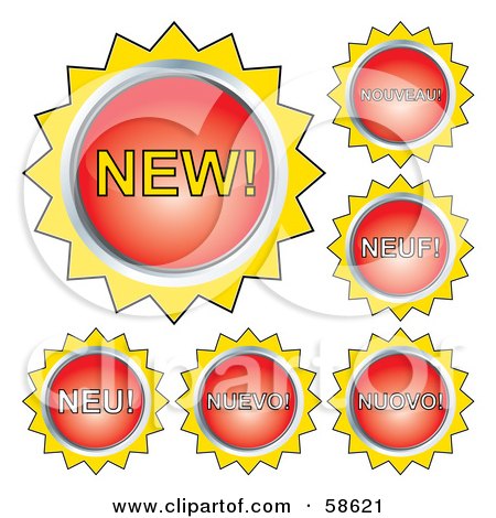 Royalty-Free (RF) Clipart Illustration of Red And Yellow New Button Labels In Different Languages by MilsiArt