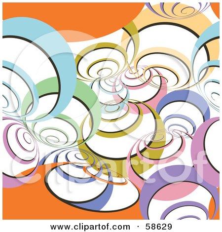 Royalty-Free (RF) Clipart Illustration of a Retro Background Of Colorful Spirals And Orange Waves On White by MilsiArt