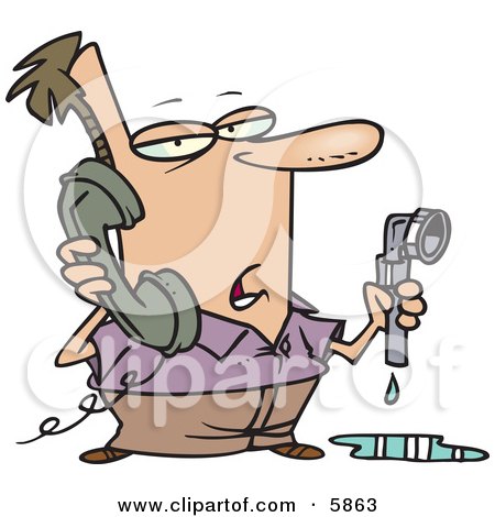 Man With a Leaky Pipe, Calling a Plumber Clipart by toonaday