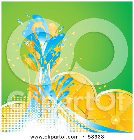 Royalty-Free (RF) Clipart Illustration of Blue Water Splashing Against Orange Slices On Green by MilsiArt