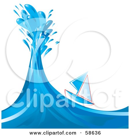 Royalty-Free (RF) Clipart Illustration of a Small Sailboat Gliding Down The Side Of A Big Blue Wave by MilsiArt