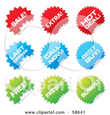 Royalty-Free (RF) Clipart Illustration of a Digital Collage Of Peeling Red, Blue And Green Retail Stickers by MilsiArt