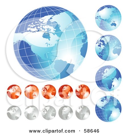 Royalty-Free (RF) Clipart Illustration of a Digital Collage Of Blue, Red And Silver Wire Globe Icons by MilsiArt